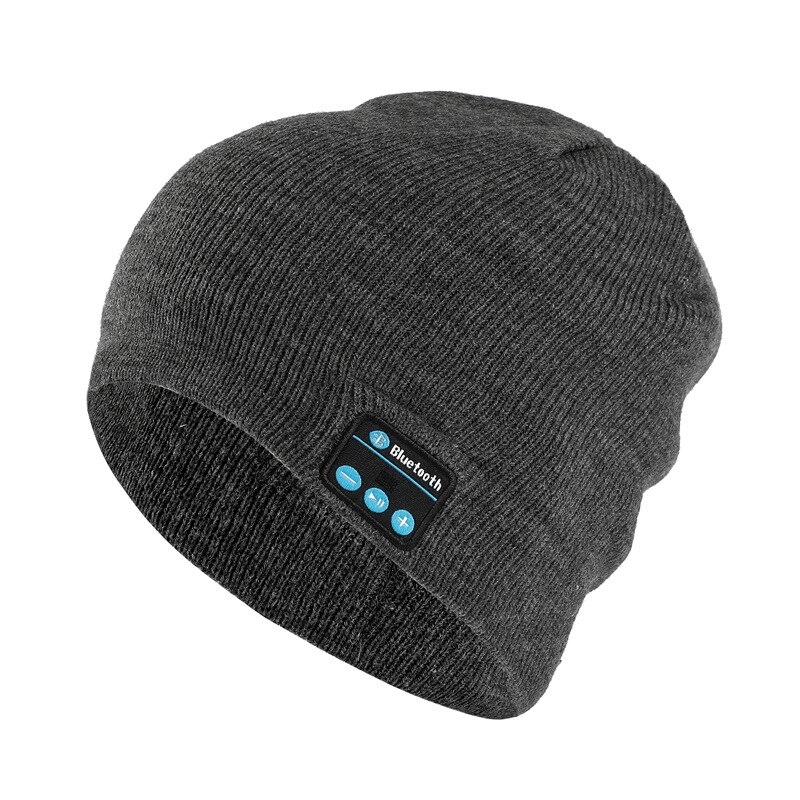 Stylish warm unisex beanie with built-in wireless headphones in dark grey, perfect for sports and outdoor activities.